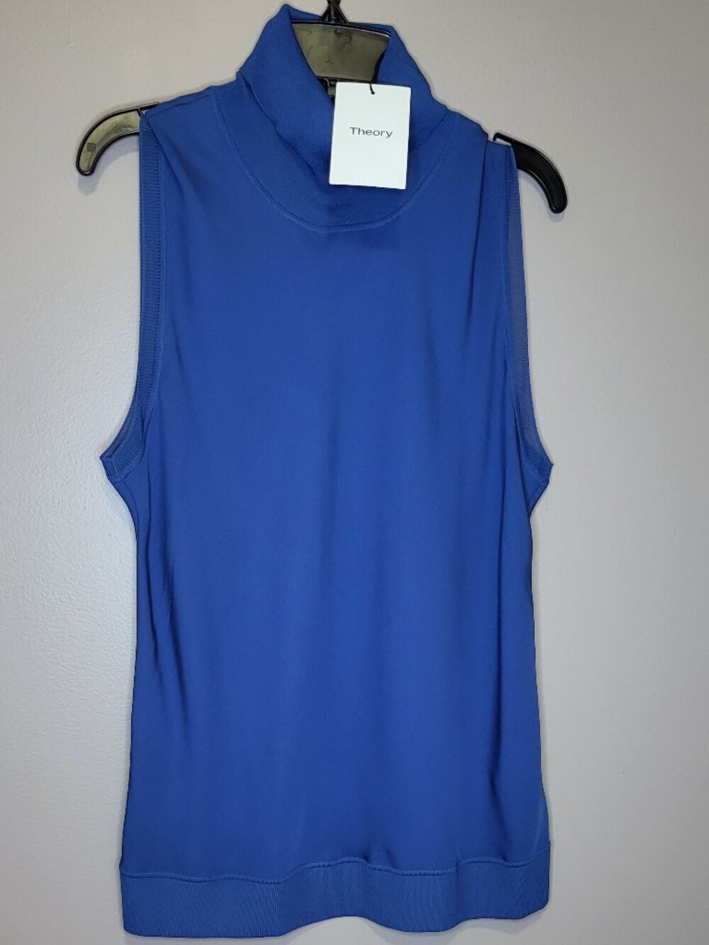 Theory Silk Combo Sleeveless Turtleneck Top Deep Heron Blue Size Large NWT